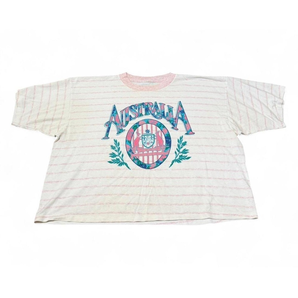 Vintage Australia T Shirt XL Pink Stripe Kangaroo Crest Tourist 80s 90s